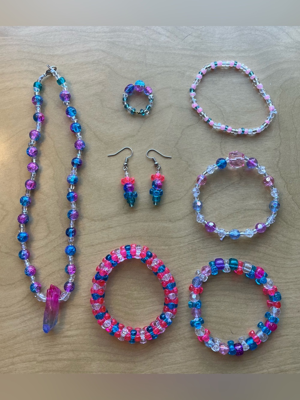 Pink and Blue Aura Crystal Necklace and Bracelet Set - Picture 2 of 4